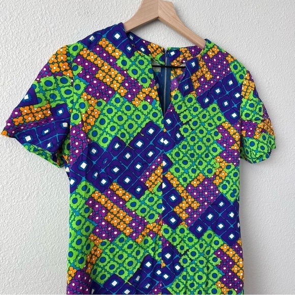 Vintage Retro 70's Bright Colorful Floral Geometric Midi Dress- Size Large - Picture 6 of 7